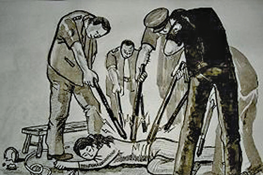 中共酷刑演示圖，多根高壓電棍同時電擊折磨人（明慧網）