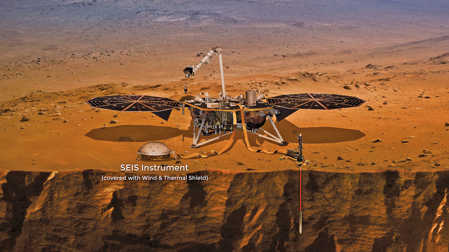 美國太空總署4月23日宣佈，首次發現火星上的地震，並被洞察號火星探測器測量並記錄下來。（NASA）