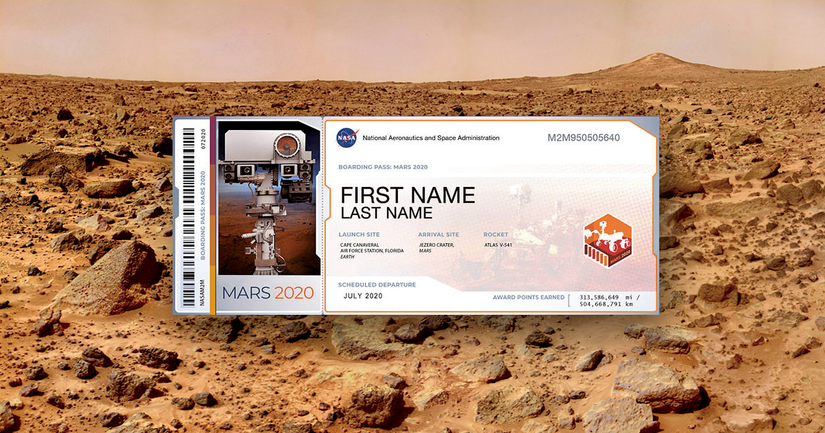 搭乘明年2020年7月發射的火星探測車一起去火星的登機牌。（NASA）