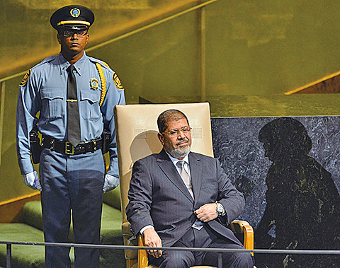 穆爾西（Mohamed Morsy ，右）2012年參加聯合國大會。（AFP）