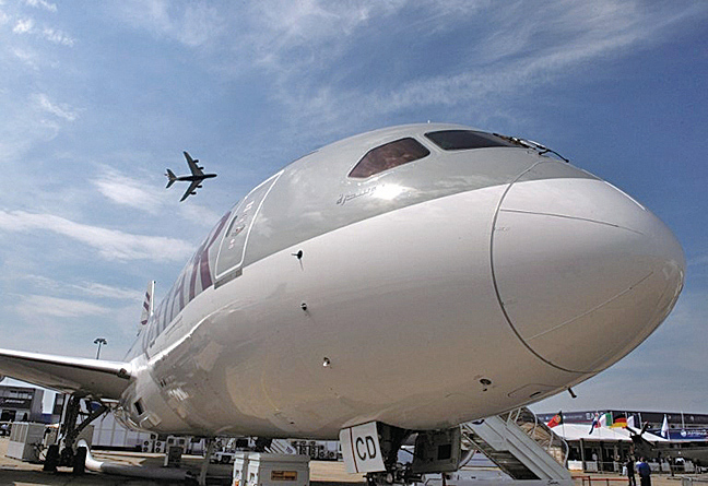 卡塔爾航空公司（Qatar Airways）的波音787夢幻客機（787 Dreamliner）。（AFP）