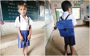兒子背著爸爸親手編織的書包上學 老師感動