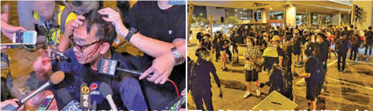 (左)深夜將軍澳有街坊遭警棍打至大量流血， 激發群情洶湧。( 有線電視截圖 )（右）示威者深夜在牛頭角堵塞道路。（宋碧龍／大紀元）