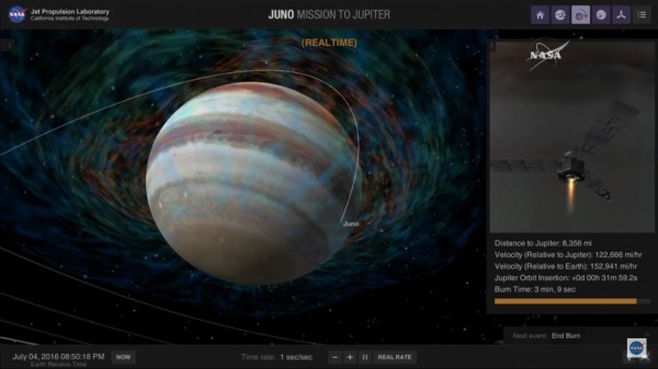 模擬圖：朱諾號探測器送入既定繞木星軌道。（NASA實況轉播截圖）