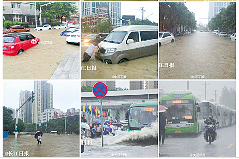 武漢嚴重水浸交通癱瘓。 （網絡圖片）