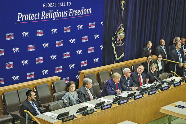 周一（9月23日）上午11點半，美國總統特朗普在紐約聯合國總部發表宗教自由主題演講。（Getty Images）