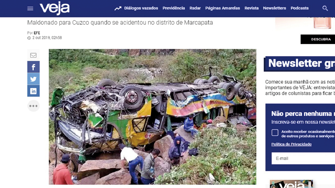 秘魯一輛載著48名乘客的巴士，1日黎明時分，在庫斯科大區（Cusco region）墜落100米深的懸崖，已知23死。（影片截圖）