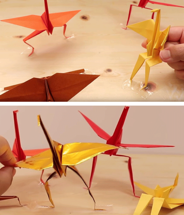 紙鶴變形為看起來像火雞一樣有粗壯雙腿的紙鶴。（YouTube影片截圖）