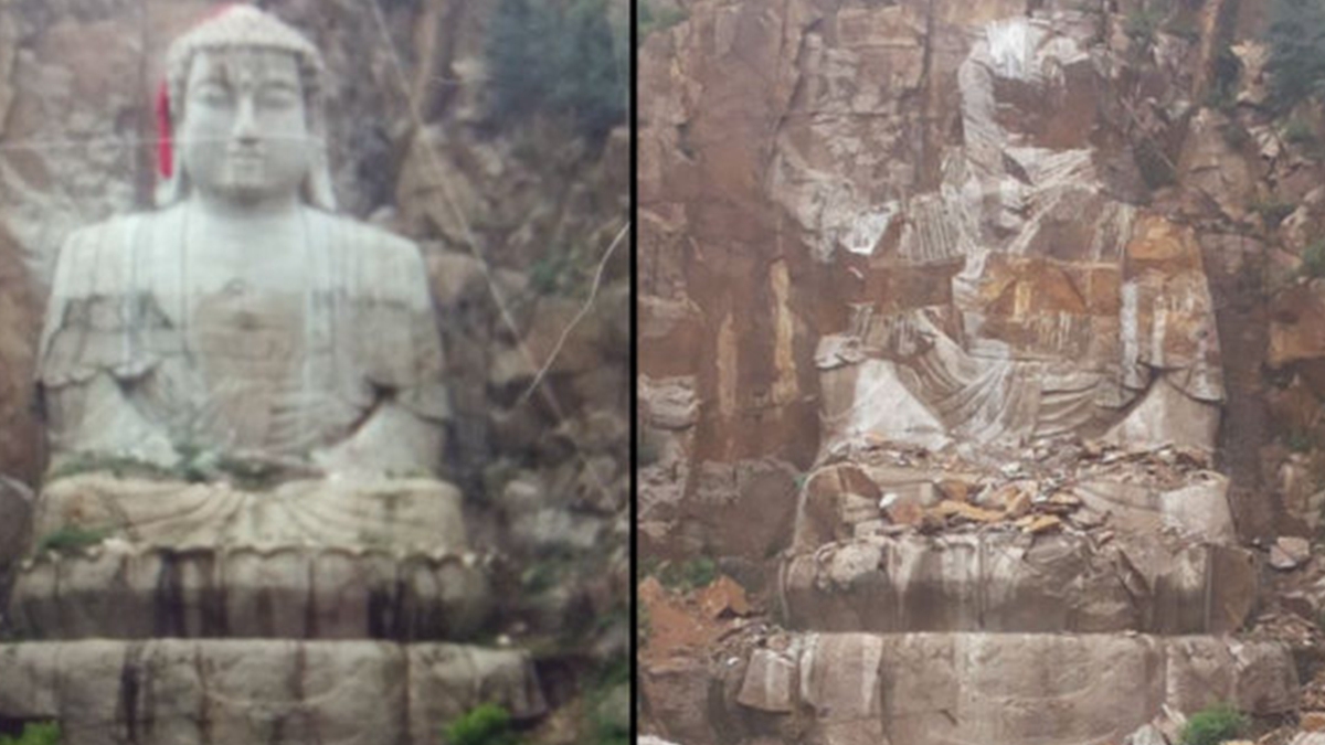 林省吉林市豐滿區一座斥資人民幣300萬元、歷經11年雕出的29米高釋迦牟尼山體雕像，被政府以「超高」為由炸毀。（合成圖片）