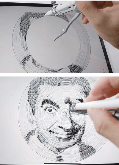 用圓規在iPad上畫人像。