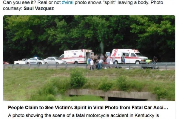 7月12日，美國肯塔基州鮑威爾郡的公路上發生一起致命車禍，有目擊者在現場拍到疑似靈魂的人形白影飄浮在半空中。（推特網頁擷圖）
