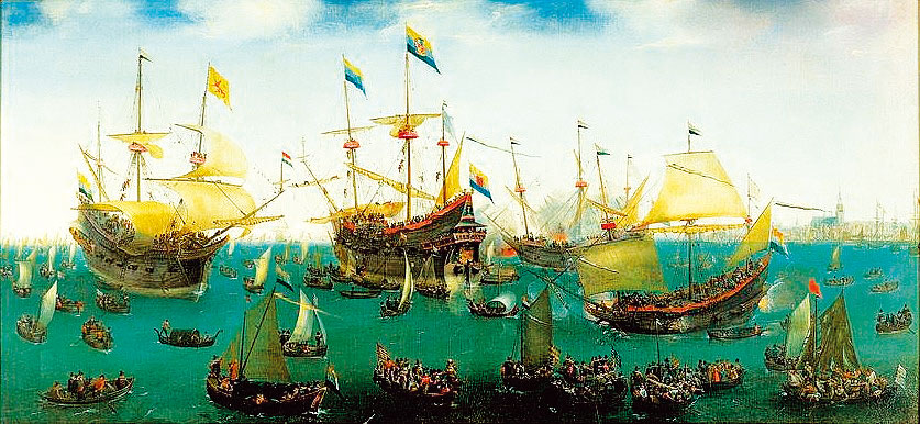 科內利斯•弗魯姆(Cornelis Vroom)於1599年繪製的《雅各布•范內克的第二次亞洲探險回歸》。(Return of the second Asia expedition ) (公有領域)