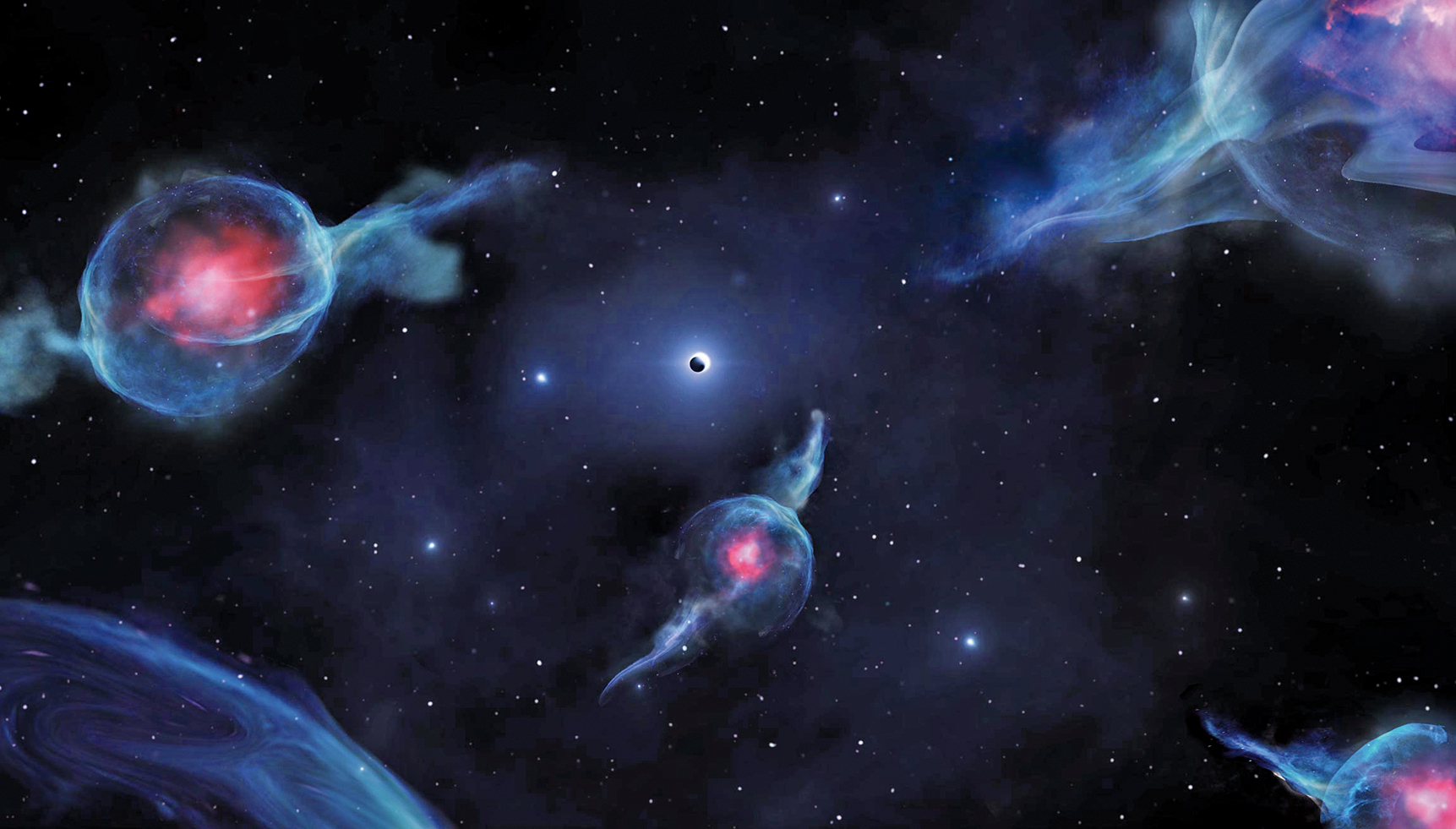 多個具有紅色核心的G類天體繞一個超級黑洞（圖中心）運行的示意圖。（Jack Ciurlo / UCLA）
