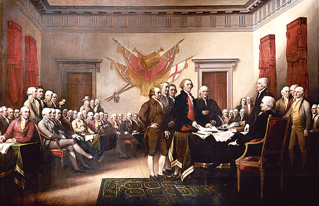  《獨立宣言》得以提交的歷史時刻。John Trumbull 1828年繪。原懸掛在美國國會大廈圓形大廳。該畫可見於2美元紙幣背面。（維基百科）