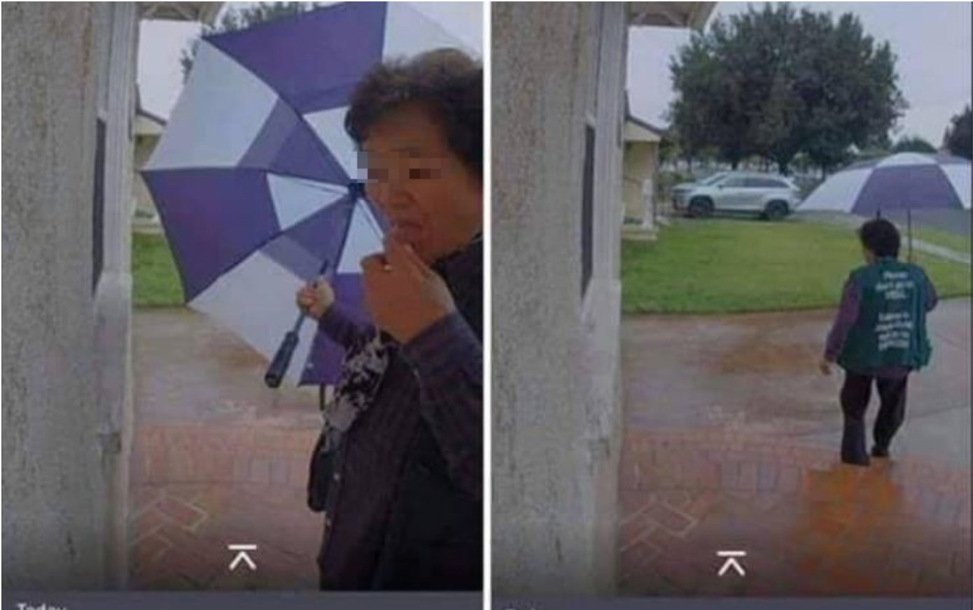美國網友公布一段影片，指稱這名華人大媽將口水塗在鄰居家門把上，動機不明。（PTT網）