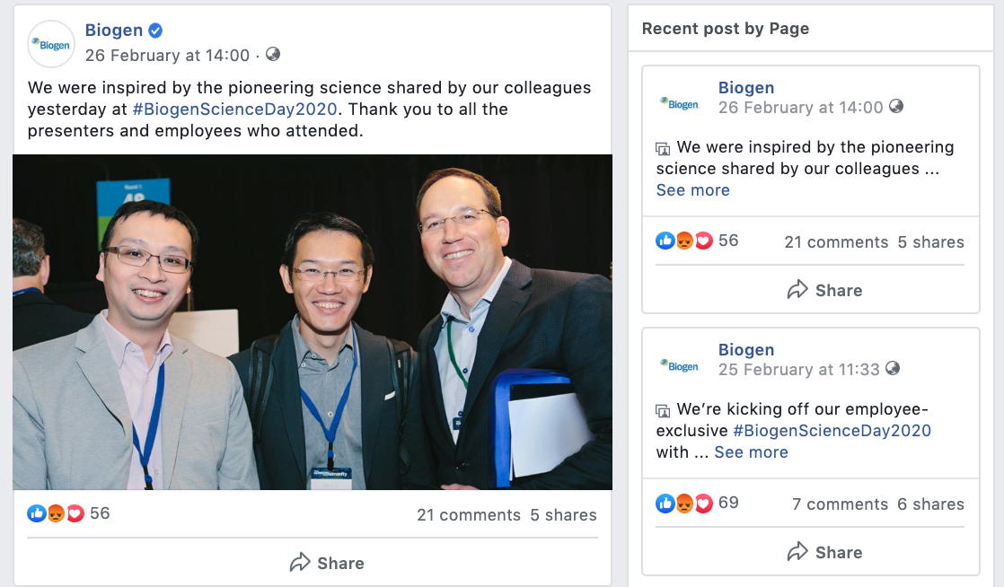 「BiogenScienceDay2020」雲集了175名百健全球高管。圖為三位與會者合影。（Facebook）