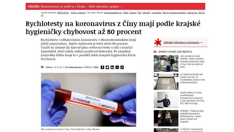 中共援助捷克15萬檢測試劑 錯誤率80%沒法用
