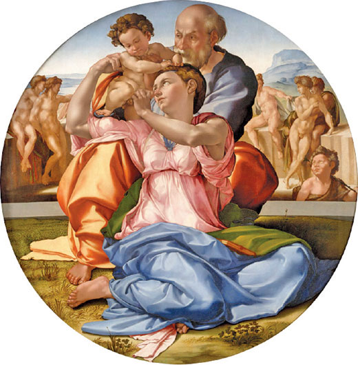 米開朗基羅公元1505年～1507年繪製的《聖家庭與聖約翰》The Doni Tondo，收藏於佛羅倫斯烏菲茲美術館。(公有領域)