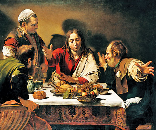 卡拉瓦喬(Caravaggio)公元1601年繪製的《在厄瑪烏的晚餐》Supper at Emmaus，收藏於倫敦國家美術館。(公有領域)