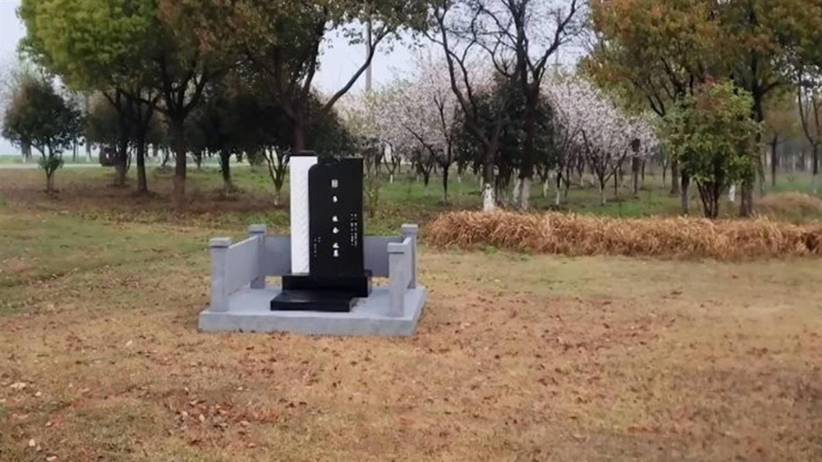 在中國江蘇蘇州崑山的一座公園裏，突然出現兩塊新墓牌。（影片截圖）