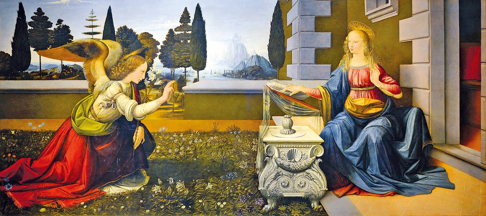 達•芬奇《聖母領報》（英語：Annunciation）收藏於佛羅倫薩烏菲茲美術館。(Livioandronico2013/Wikimedia Commons)
