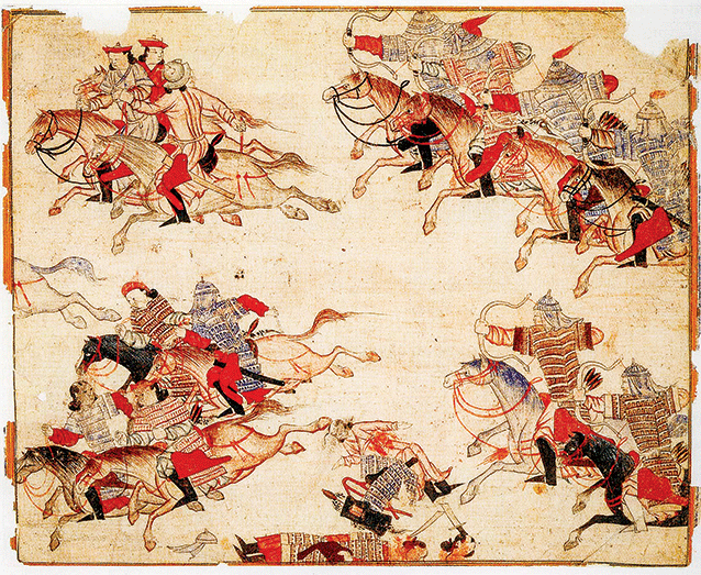 蒙古兵征戰場景，出自柏林國家圖書館所藏的波斯細密畫冊Diez Albums。（公有領域）
