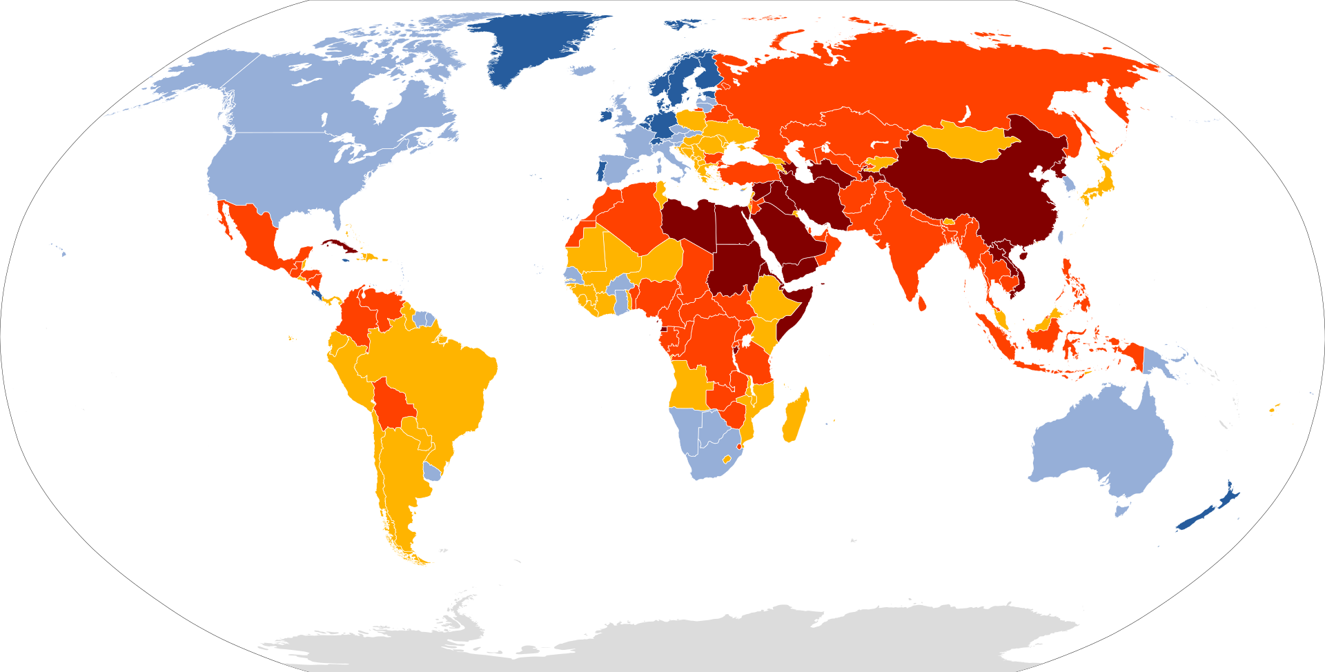 各國2020年新聞自由指數（2020 Press Freedom Index）顏色呈現。其中中國以褚紅色顯示其新聞自由為全球最差。（NordNordWest／維基百科）