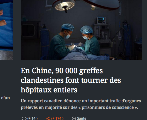 7月25日，《費加羅報》報道中共活摘法輪功修煉者器官，法國讀者聞獲消息感到震驚。（費加羅網站截圖）
