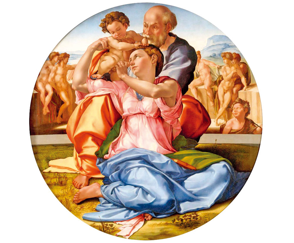 米開朗基羅的圓幅蛋彩畫《聖家族》，即《多尼圓幅》（Doni Tondo，1505～1508年）。（Alonso de Mendoza/Wikimedia commons）