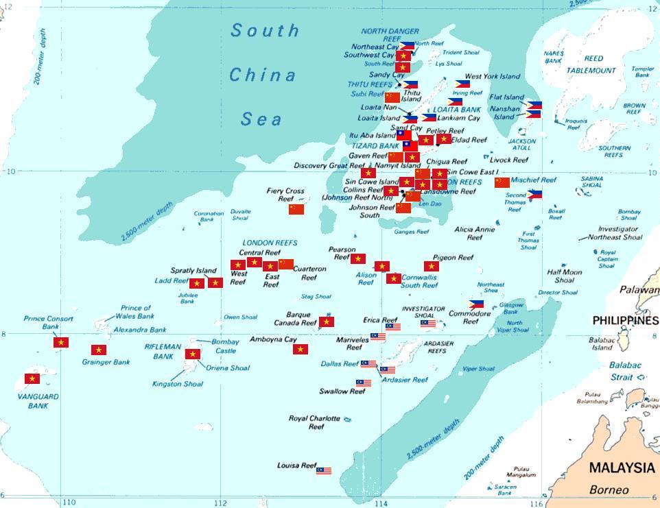 中國、菲律賓和越南各自控制南海不同的島嶼。（Wikimedia Commons）
