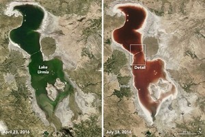 微生物「作怪」 伊朗鹹水湖泊由綠轉紅