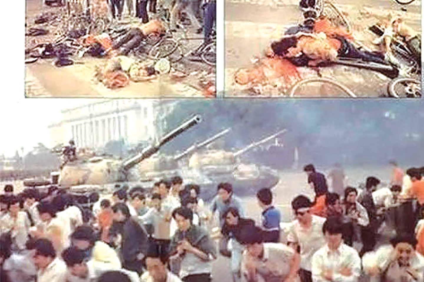 1989年6月3日晚間至6月4日凌晨，中共調集二十多萬戒嚴部隊進行血腥鎮壓，開槍屠殺手無寸鐵的學生和北京市民，用坦克車輾壓民眾。（六四檔案）