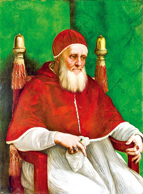 拉斐爾的作品《教宗朱利亞斯二世肖像》（Portrait of Pope Julius II），1512年。油彩、畫板，108 x 81公分。倫敦國家美術館收藏。(公有領域)
