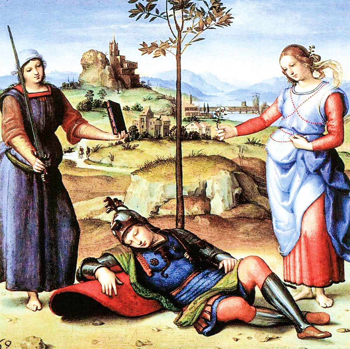 拉斐爾的作品《騎士之夢》（An Allegory（Vision of a Knight）），1504年。蛋彩、畫板，17.1 x 17.1公分。倫敦國家美術館收藏。(公有領域)
