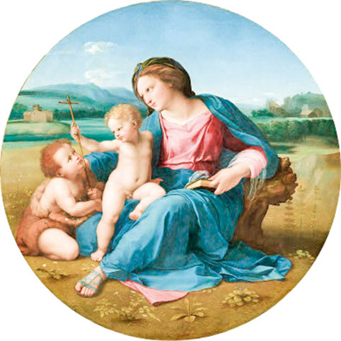 拉斐爾的作品《阿爾巴的聖母》（The Alba Madonna），約1510年。油彩、畫板，140.34×15.88 公分。安德魯·威廉·梅隆收藏，華盛頓國家藝廊收藏。(公有領域) 