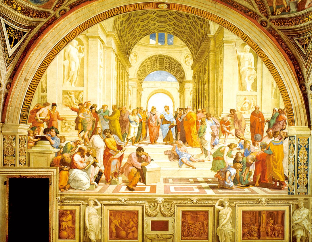 拉斐爾著名的畫作《雅典學院》(School of Athens), 1509～1510年，壁畫。(公有領域) 