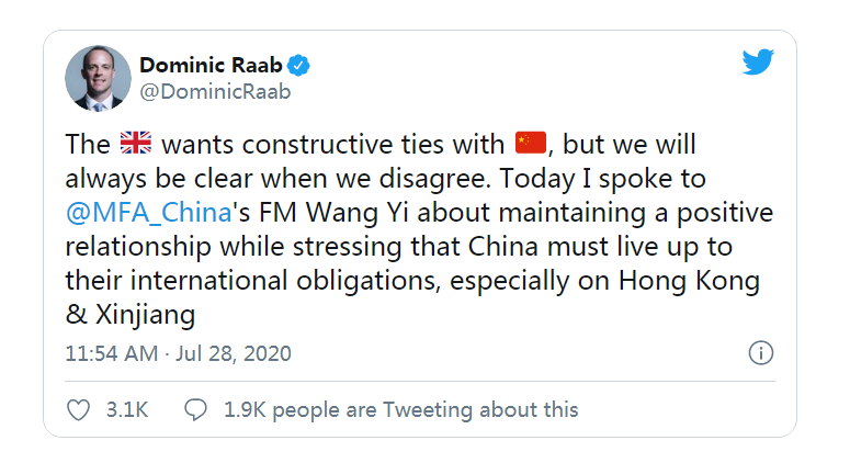 英國外相藍韜文（Dominic Raab）的Twitter （来源 网络截图）