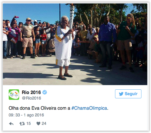 伊娃（Eva Oliveira）成為奧運歷史上年紀最大的火炬手。（推特截圖）