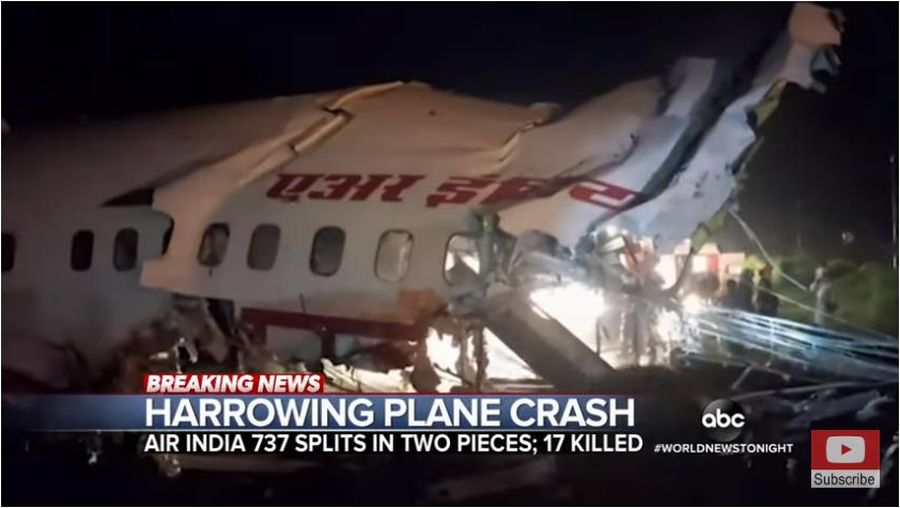 印度快運航空（Air India Express）一架載有190人的撤僑班機，周五晚（8月7日）在印度南部喀拉拉邦的科澤科德（Kozhikode）國際機場降落時，衝出跑道斷成兩截，目前至少有17人喪生、173人受傷，其中46人重傷。（影片截圖）