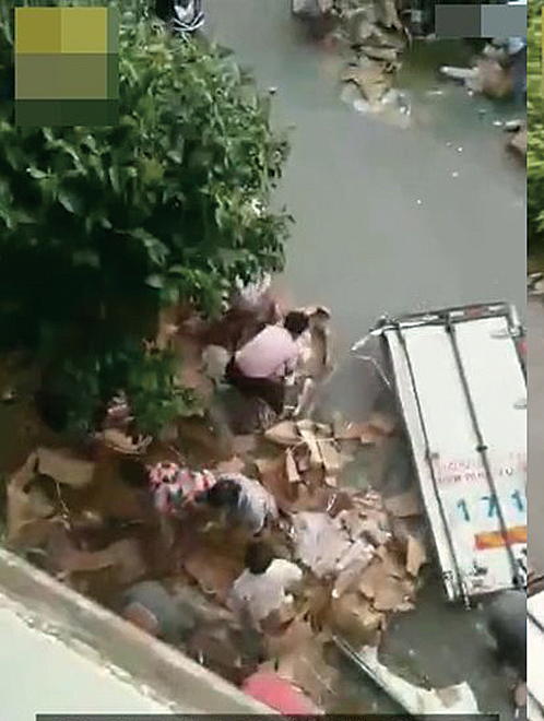 近日，一輛滿載豬肉的貨車在江蘇鹽城發生車禍，附近很多民眾前來哄搶散落在地上豬肉，7噸豬肉洗劫一空。（影片截圖）