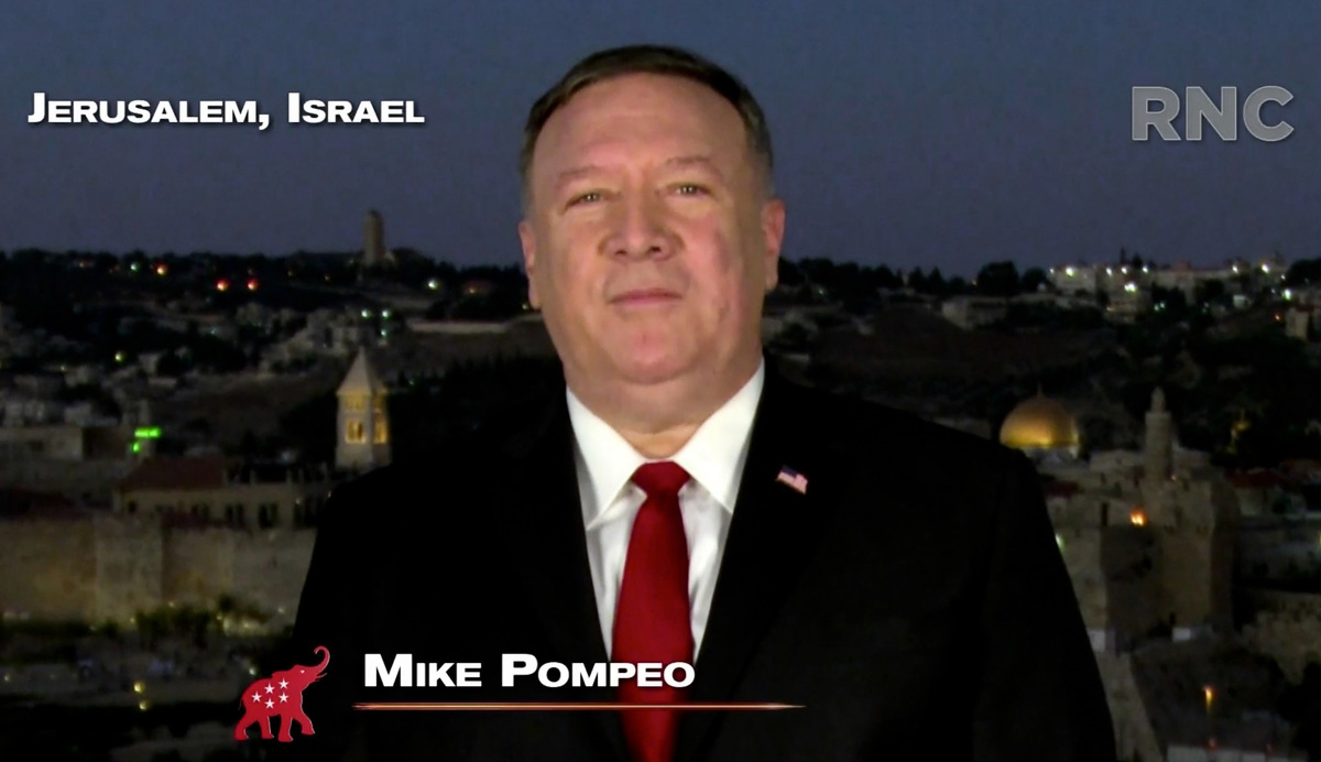 8月25日，在2020年美國共和黨全國代表大會上，美國國務卿蓬佩奧從以色列耶路撒冷發來預錄像講話，讚揚特朗普總統外交政策成功。（2020 RNC／Getty Images）