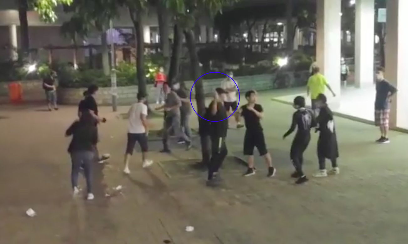 圈中人手持玻璃樽，正要擊向旁邊青年頭部。（影片截圖）