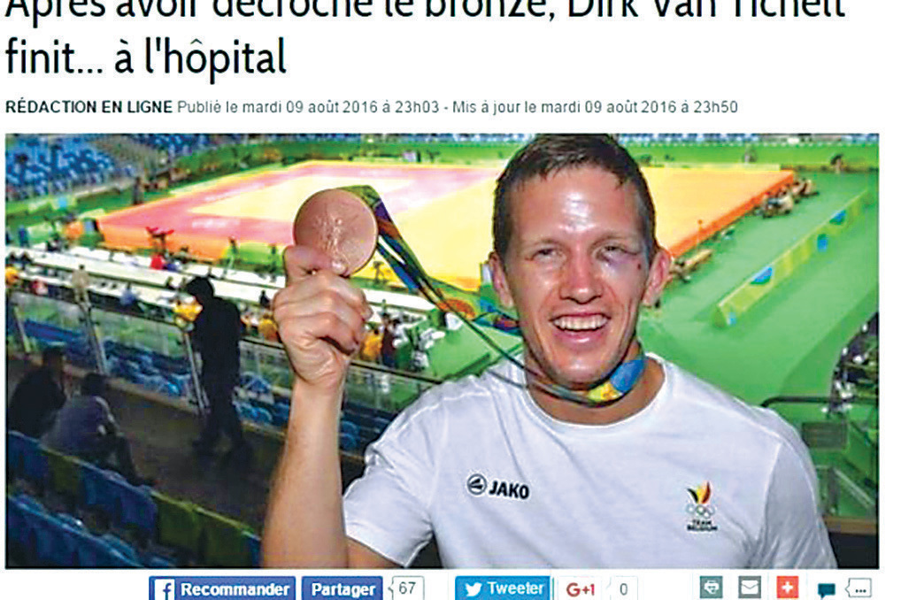 比利時奧委會10日證實，獲里約奧運柔道銅牌的比利時選手遭人攻擊，左眼留下瘀青。（La Libre 網頁 ）