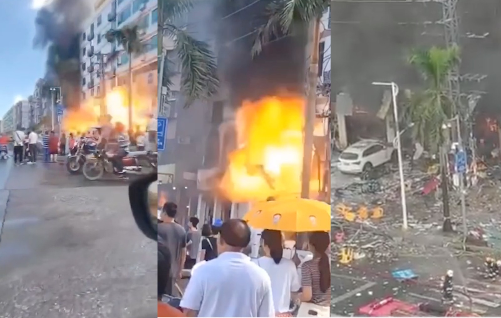 廣東珠海市斗門區的騰湖大酒店附近9月11日發生爆炸，冒出巨大火球，已有多名傷者被抬出。（網絡影片截圖合成）