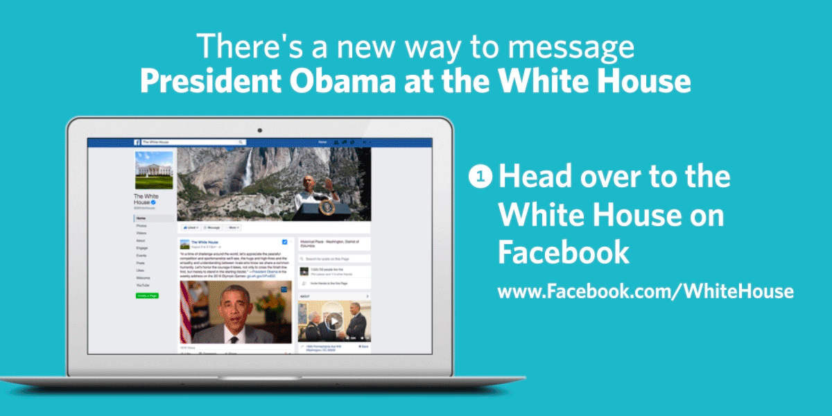 星期三，白宮發佈消息稱，現在聯繫白宮已經變得像和朋友聊天一樣簡單。你只需要去白宮的臉書頁面，點擊「通信（Message）」，就可以開啟和總統的對話了。（白宮臉書擷圖）