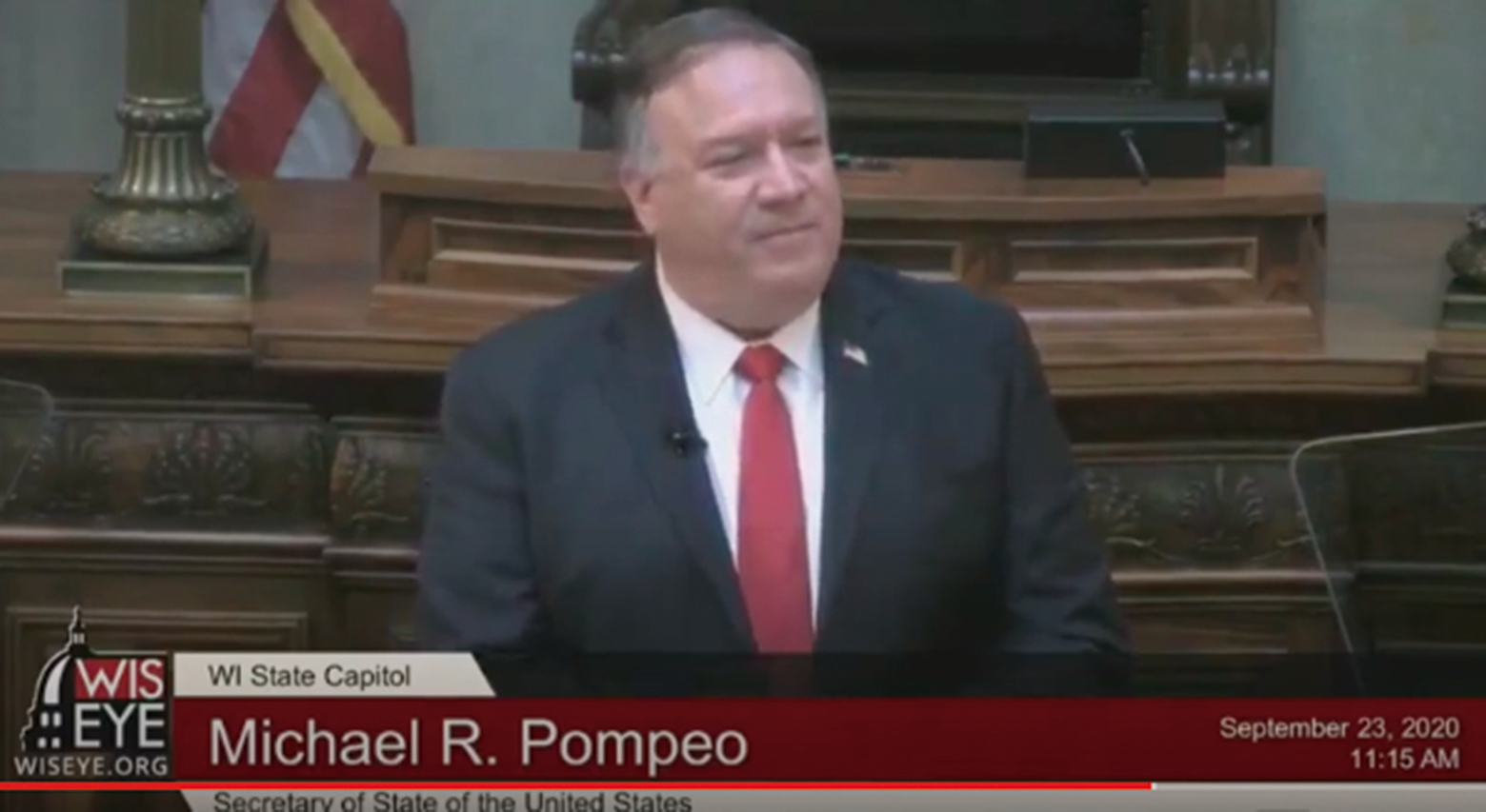 9月23日，美國國務卿蓬佩奧（Mike Pompeo）在威斯康辛州議會發表演講。（美國務院影片截圖）