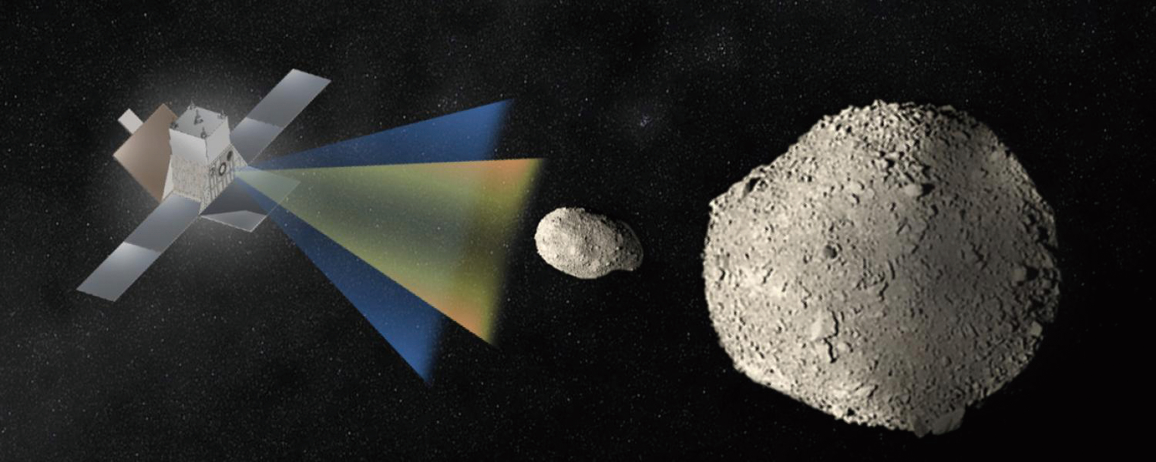 NASA探測器抵達雙體小行星的藝術設想圖。（NASA）