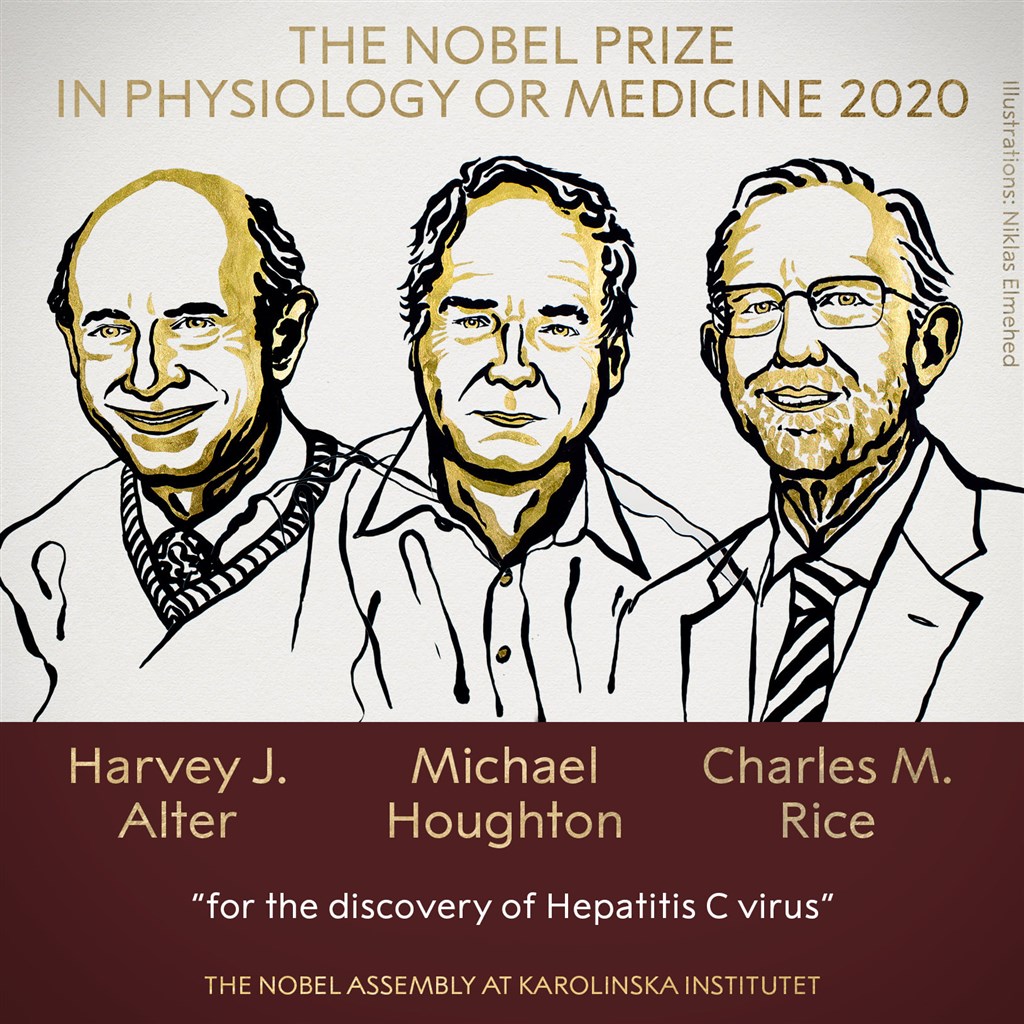 2020年度的諾貝爾獎10月5日起陸續揭曉，瑞典諾貝爾獎評審委員會率先公佈醫學獎得主，由發現丙型肝炎病毒的兩位美國科學家阿爾特（Harvey J. Alter）、萊斯（Charles M. Rice）及一位英國科學家霍頓（Michael Houghton）獲獎。（圖片來源：facebook.comnobelprize）