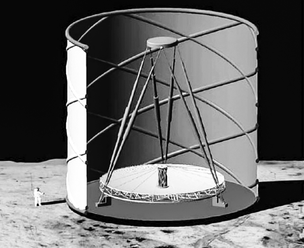 月球建終極巨型液體望遠鏡藝術設想圖。科學家最初設計的版本比此圖顯示的還要大五倍。（RogerAngel et al./University ofArizona）