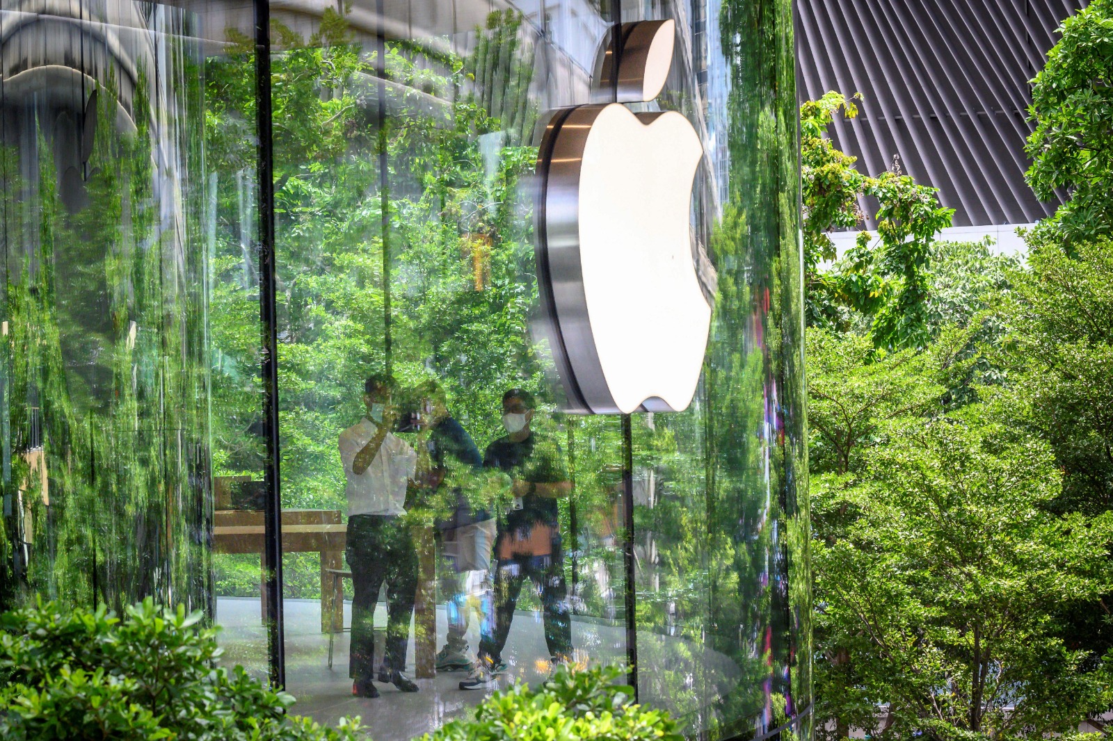 蘋果股價於2020年累漲80.7%，市值超越2萬億美元。圖為位於泰國曼谷的「Apple Central World」，旗艦店以樹為設計概念。（MLADEN ANTONOV/AFP via Getty Images）